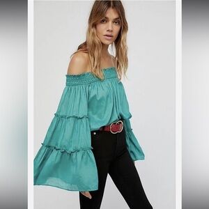 Free People Textured Smocked Free Spirit Top Teal Size XS
